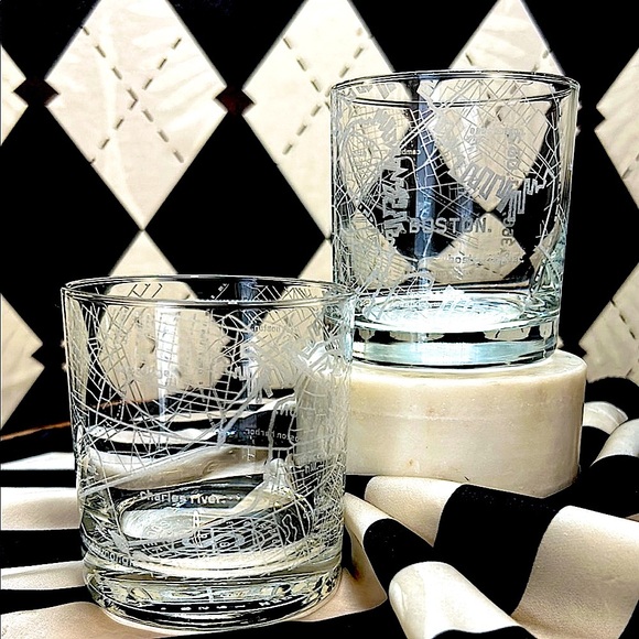 Boston Map Etched Glasses – Set of 2 | City Streets, Charles River & Landmarks - Picture 1 of 9
